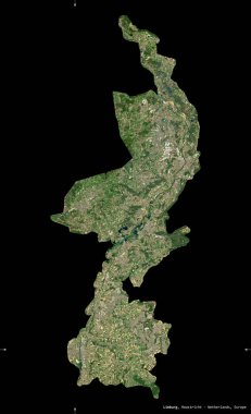 Limburg, Hollanda vilayeti. Sentinel-2 uydu görüntüleri. Siyah üzerine izole edilmiş şekil. Tanımı, başkentin yeri. Değiştirilmiş Kopernik Sentinel verileri içerir