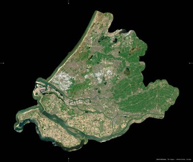 Zuid-Holland, Hollanda vilayeti. Sentinel-2 uydu görüntüleri. Siyah üzerine izole edilmiş şekil. Tanımı, başkentin yeri. Değiştirilmiş Kopernik Sentinel verileri içerir