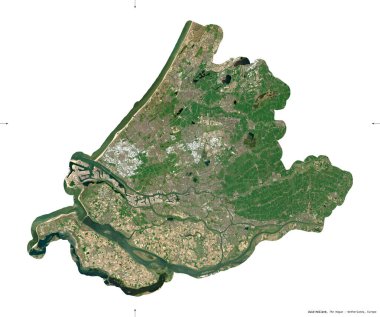 Zuid-Holland, Hollanda vilayeti. Sentinel-2 uydu görüntüleri. Beyaz üzerinde izole edilmiş şekil. Tanımı, başkentin yeri. Değiştirilmiş Kopernik Sentinel verileri içerir