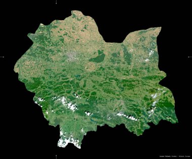Polonya 'nın daha küçük bir kesimi, Polonya' nın Voyvoda bölgesi. Sentinel-2 uydu görüntüleri. Siyah üzerine izole edilmiş şekil. Tanımı, başkentin yeri. Değiştirilmiş Kopernik Sentinel verileri içerir