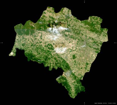 Aşağı Silezya, Voyvoda, Polonya 'nın 124. eyaleti. Sentinel-2 uydu görüntüleri. Siyah üzerine izole edilmiş şekil. Tanımı, başkentin yeri. Değiştirilmiş Kopernik Sentinel verileri içerir