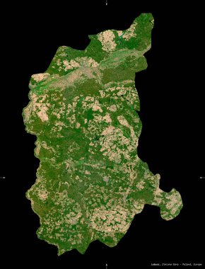 Lubusz, Voyvoda, Polonya 'nın 124. eyaleti. Sentinel-2 uydu görüntüleri. Siyah üzerine izole edilmiş şekil. Tanımı, başkentin yeri. Değiştirilmiş Kopernik Sentinel verileri içerir