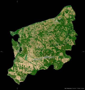 Batı Pomeranya, Voyvoda, Polonya 'nın 124. eyaleti. Sentinel-2 uydu görüntüleri. Siyah üzerine izole edilmiş şekil. Tanımı, başkentin yeri. Değiştirilmiş Kopernik Sentinel verileri içerir