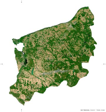 Batı Pomeranya, Voyvoda, Polonya 'nın 124. eyaleti. Sentinel-2 uydu görüntüleri. Beyaz üzerinde izole edilmiş şekil. Tanımı, başkentin yeri. Değiştirilmiş Kopernik Sentinel verileri içerir