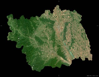 Bacau, Romanya Bölgesi. Sentinel-2 uydu görüntüleri. Siyah üzerine izole edilmiş şekil. Tanımı, başkentin yeri. Değiştirilmiş Kopernik Sentinel verileri içerir