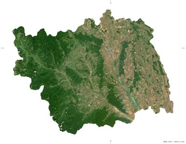 Bacau, Romanya Bölgesi. Sentinel-2 uydu görüntüleri. Beyaz üzerinde izole edilmiş şekil. Tanımı, başkentin yeri. Değiştirilmiş Kopernik Sentinel verileri içerir