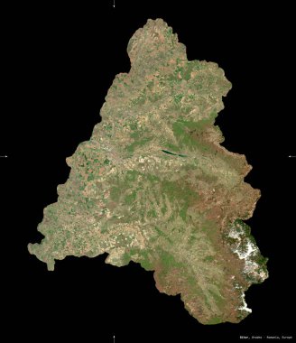 Bihor, Romanya Bölgesi. Sentinel-2 uydu görüntüleri. Siyah üzerine izole edilmiş şekil. Tanımı, başkentin yeri. Değiştirilmiş Kopernik Sentinel verileri içerir