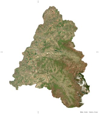 Bihor, Romanya Bölgesi. Sentinel-2 uydu görüntüleri. Beyaz üzerinde izole edilmiş şekil. Tanımı, başkentin yeri. Değiştirilmiş Kopernik Sentinel verileri içerir
