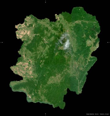 Caras-Severin, Romanya Bölgesi. Sentinel-2 uydu görüntüleri. Siyah üzerine izole edilmiş şekil. Tanımı, başkentin yeri. Değiştirilmiş Kopernik Sentinel verileri içerir
