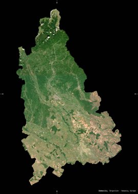 Dambovita, Romanya Bölgesi. Sentinel-2 uydu görüntüleri. Siyah üzerine izole edilmiş şekil. Tanımı, başkentin yeri. Değiştirilmiş Kopernik Sentinel verileri içerir