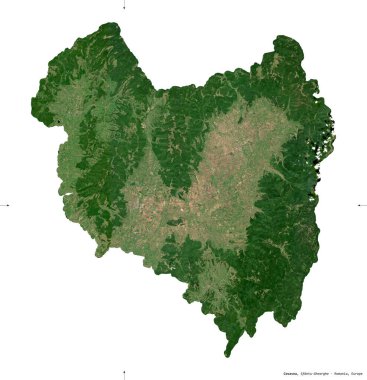 Covasna, county of Romania. Sentinel-2 satellite imagery. Shape isolated on white. Description, location of the capital. Contains modified Copernicus Sentinel data clipart