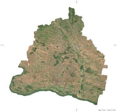 Dolj, Romanya Bölgesi. Sentinel-2 uydu görüntüleri. Beyaz üzerinde izole edilmiş şekil. Tanımı, başkentin yeri. Değiştirilmiş Kopernik Sentinel verileri içerir