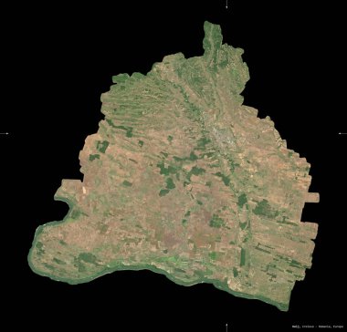 Dolj, Romanya Bölgesi. Sentinel-2 uydu görüntüleri. Siyah üzerine izole edilmiş şekil. Tanımı, başkentin yeri. Değiştirilmiş Kopernik Sentinel verileri içerir