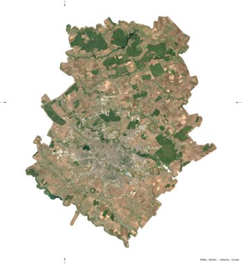 Ilfov, Romanya Bölgesi. Sentinel-2 uydu görüntüleri. Beyaz üzerinde izole edilmiş şekil. Tanımı, başkentin yeri. Değiştirilmiş Kopernik Sentinel verileri içerir