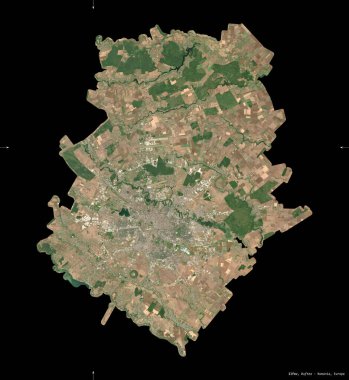 Ilfov, Romanya Bölgesi. Sentinel-2 uydu görüntüleri. Siyah üzerine izole edilmiş şekil. Tanımı, başkentin yeri. Değiştirilmiş Kopernik Sentinel verileri içerir