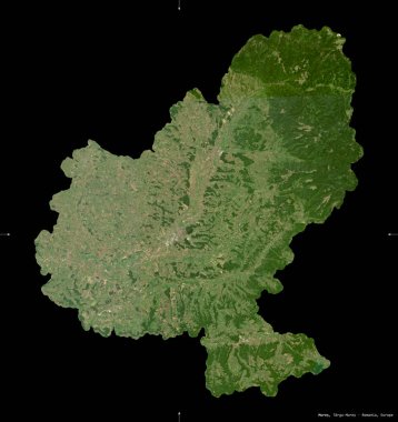 Mures, Romanya Bölgesi. Sentinel-2 uydu görüntüleri. Siyah üzerine izole edilmiş şekil. Tanımı, başkentin yeri. Değiştirilmiş Kopernik Sentinel verileri içerir
