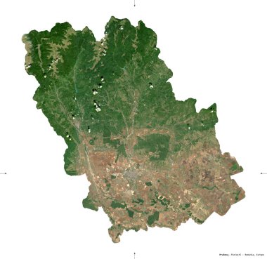 Prahova, Romanya Bölgesi. Sentinel-2 uydu görüntüleri. Beyaz üzerinde izole edilmiş şekil. Tanımı, başkentin yeri. Değiştirilmiş Kopernik Sentinel verileri içerir