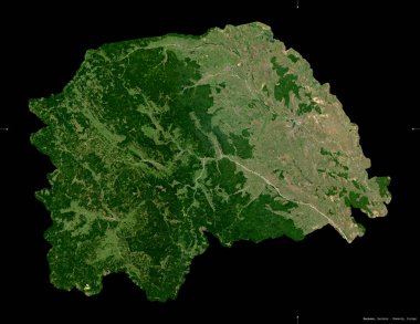 Suceava, Romanya Bölgesi. Sentinel-2 uydu görüntüleri. Siyah üzerine izole edilmiş şekil. Tanımı, başkentin yeri. Değiştirilmiş Kopernik Sentinel verileri içerir