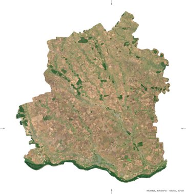 Teleorman, Romanya Bölgesi. Sentinel-2 uydu görüntüleri. Beyaz üzerinde izole edilmiş şekil. Tanımı, başkentin yeri. Değiştirilmiş Kopernik Sentinel verileri içerir