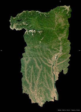 Valcea, Romanya Bölgesi. Sentinel-2 uydu görüntüleri. Siyah üzerine izole edilmiş şekil. Tanımı, başkentin yeri. Değiştirilmiş Kopernik Sentinel verileri içerir