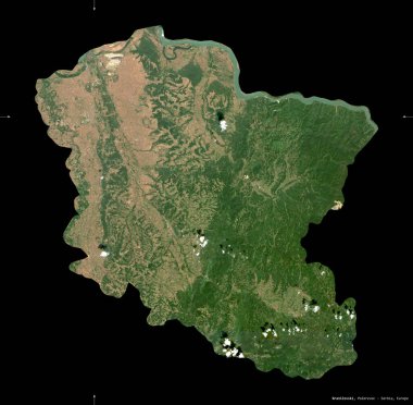 Branicevski, Sırbistan bölgesi. Sentinel-2 uydu görüntüleri. Siyah üzerine izole edilmiş şekil. Tanımı, başkentin yeri. Değiştirilmiş Kopernik Sentinel verileri içerir