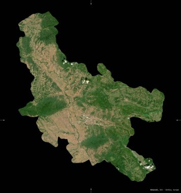 Nisavski, Sırbistan bölgesi. Sentinel-2 uydu görüntüleri. Siyah üzerine izole edilmiş şekil. Tanımı, başkentin yeri. Değiştirilmiş Kopernik Sentinel verileri içerir