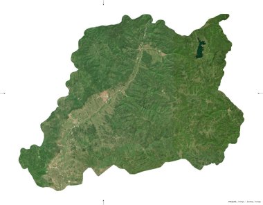 Pcinjski, Sırbistan bölgesi. Sentinel-2 uydu görüntüleri. Beyaz üzerinde izole edilmiş şekil. Tanımı, başkentin yeri. Değiştirilmiş Kopernik Sentinel verileri içerir