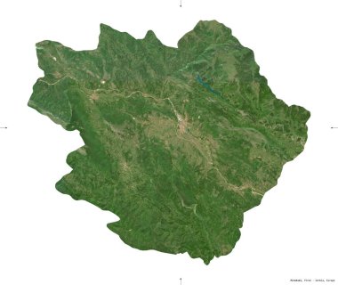 Pirotski, Sırbistan bölgesi. Sentinel-2 uydu görüntüleri. Beyaz üzerinde izole edilmiş şekil. Tanımı, başkentin yeri. Değiştirilmiş Kopernik Sentinel verileri içerir