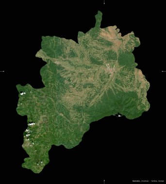 Rasinski, Sırbistan Bölgesi. Sentinel-2 uydu görüntüleri. Siyah üzerine izole edilmiş şekil. Tanımı, başkentin yeri. Değiştirilmiş Kopernik Sentinel verileri içerir