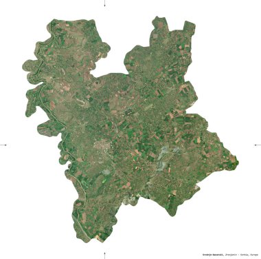Srednje-Banatski, Sırbistan bölgesi. Sentinel-2 uydu görüntüleri. Beyaz üzerinde izole edilmiş şekil. Tanımı, başkentin yeri. Değiştirilmiş Kopernik Sentinel verileri içerir