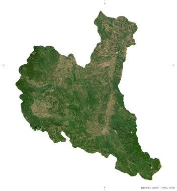 Zajecarski, Sırbistan bölgesi. Sentinel-2 uydu görüntüleri. Beyaz üzerinde izole edilmiş şekil. Tanımı, başkentin yeri. Değiştirilmiş Kopernik Sentinel verileri içerir