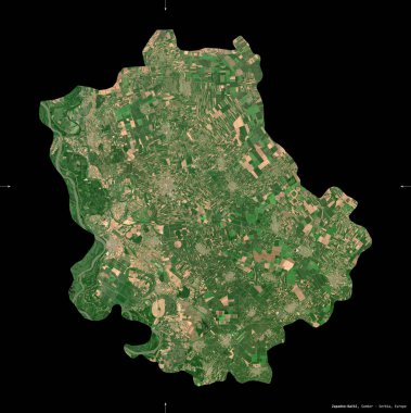 Zapadno-Backi, Sırbistan bölgesi. Sentinel-2 uydu görüntüleri. Siyah üzerine izole edilmiş şekil. Tanımı, başkentin yeri. Değiştirilmiş Kopernik Sentinel verileri içerir