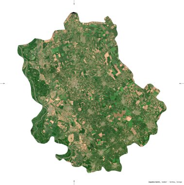 Zapadno-Backi, Sırbistan bölgesi. Sentinel-2 uydu görüntüleri. Beyaz üzerinde izole edilmiş şekil. Tanımı, başkentin yeri. Değiştirilmiş Kopernik Sentinel verileri içerir