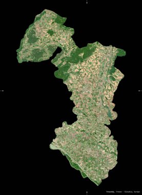 Trnavsky, Slovakya bölgesi. Sentinel-2 uydu görüntüleri. Siyah üzerine izole edilmiş şekil. Tanımı, başkentin yeri. Değiştirilmiş Kopernik Sentinel verileri içerir