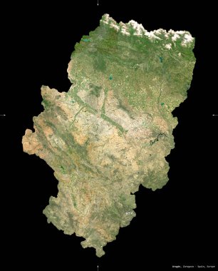 Aragon, İspanya 'nın özerk topluluğu. Sentinel-2 uydu görüntüleri. Siyah üzerine izole edilmiş şekil. Tanımı, başkentin yeri. Değiştirilmiş Kopernik Sentinel verileri içerir