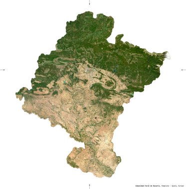 Comunidad Foral de Navarra, İspanya Özerk Topluluğu. Sentinel-2 uydu görüntüleri. Beyaz üzerinde izole edilmiş şekil. Tanımı, başkentin yeri. Değiştirilmiş Kopernik Sentinel verileri içerir