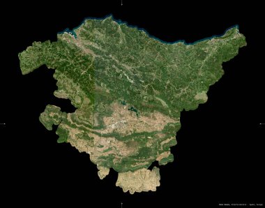 Pais Vasco, İspanya Özerk Topluluğu. Sentinel-2 uydu görüntüleri. Siyah üzerine izole edilmiş şekil. Tanımı, başkentin yeri. Değiştirilmiş Kopernik Sentinel verileri içerir