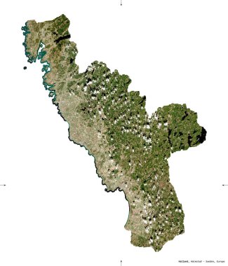 Halland, İsveç Bölgesi. Sentinel-2 uydu görüntüleri. Beyaz üzerinde izole edilmiş şekil. Tanımı, başkentin yeri. Değiştirilmiş Kopernik Sentinel verileri içerir