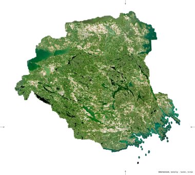 Sodermanland, İsveç Bölgesi. Sentinel-2 uydu görüntüleri. Beyaz üzerinde izole edilmiş şekil. Tanımı, başkentin yeri. Değiştirilmiş Kopernik Sentinel verileri içerir