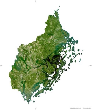 Stockholm, İsveç Bölgesi. Sentinel-2 uydu görüntüleri. Beyaz üzerinde izole edilmiş şekil. Tanımı, başkentin yeri. Değiştirilmiş Kopernik Sentinel verileri içerir