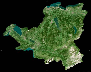 Schwyz, İsviçre kantonu. Sentinel-2 uydu görüntüleri. Siyah üzerine izole edilmiş şekil. Tanımı, başkentin yeri. Değiştirilmiş Kopernik Sentinel verileri içerir