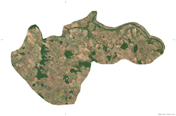 Ocnita, Moldova bölgesi. Sentinel-2 uydu görüntüleri. Beyaz üzerinde izole edilmiş şekil. Tanımı, başkentin yeri. Değiştirilmiş Kopernik Sentinel verileri içerir