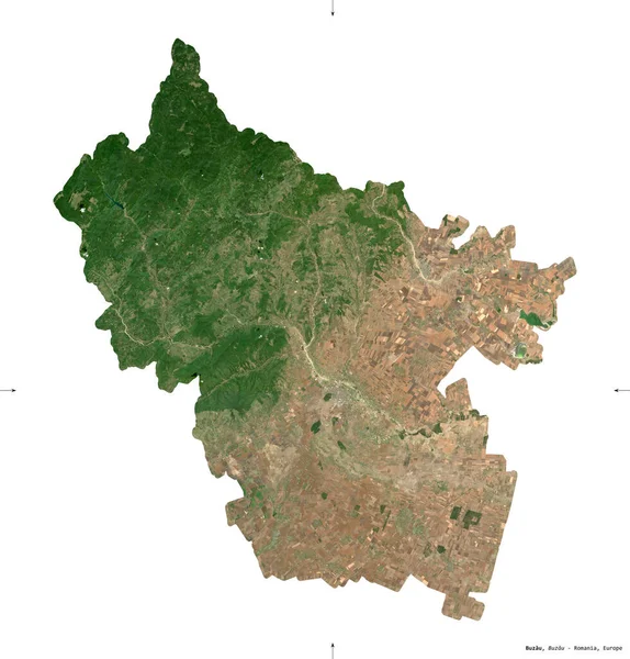Buzau County Romania Sentinel Satellite Imagery Shape Isolated White Description — Stock Photo, Image