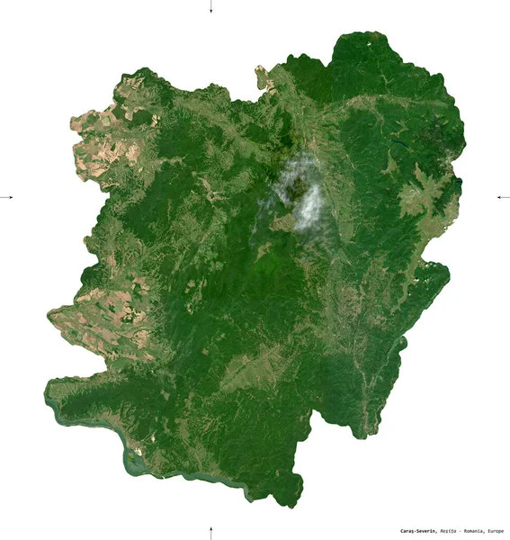 カラス セヴェリン ルーマニアの郡 センチネル 2衛星画像 白に隔離された形 首都の場所 修正されたコペルニクスセンチネルデータが含まれています — ストック写真