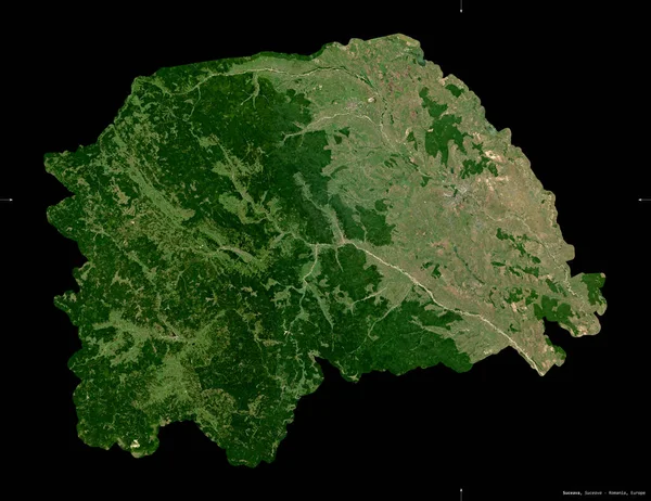 Suceava, Romanya Bölgesi. Sentinel-2 uydu görüntüleri. Siyah üzerine izole edilmiş şekil. Tanımı, başkentin yeri. Değiştirilmiş Kopernik Sentinel verileri içerir