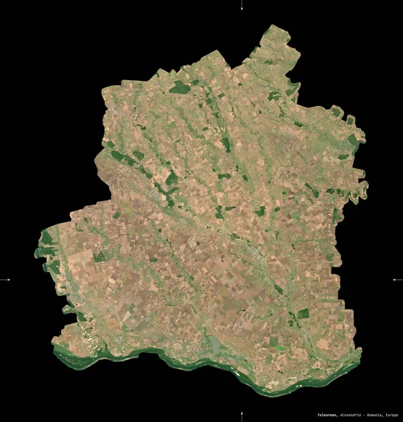 Teleorman, Romanya Bölgesi. Sentinel-2 uydu görüntüleri. Siyah üzerine izole edilmiş şekil. Tanımı, başkentin yeri. Değiştirilmiş Kopernik Sentinel verileri içerir