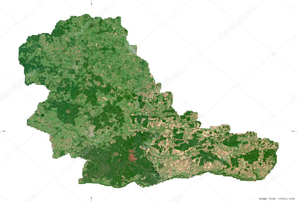 Taurages, county of Lithuania. Sentinel-2 satellite imagery. Shape isolated on white. Description, location of the capital. Contains modified Copernicus Sentinel data