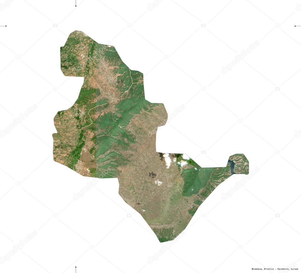 Brvenica, municipality of Macedonia. Sentinel-2 satellite imagery. Shape isolated on white. Description, location of the capital. Contains modified Copernicus Sentinel data