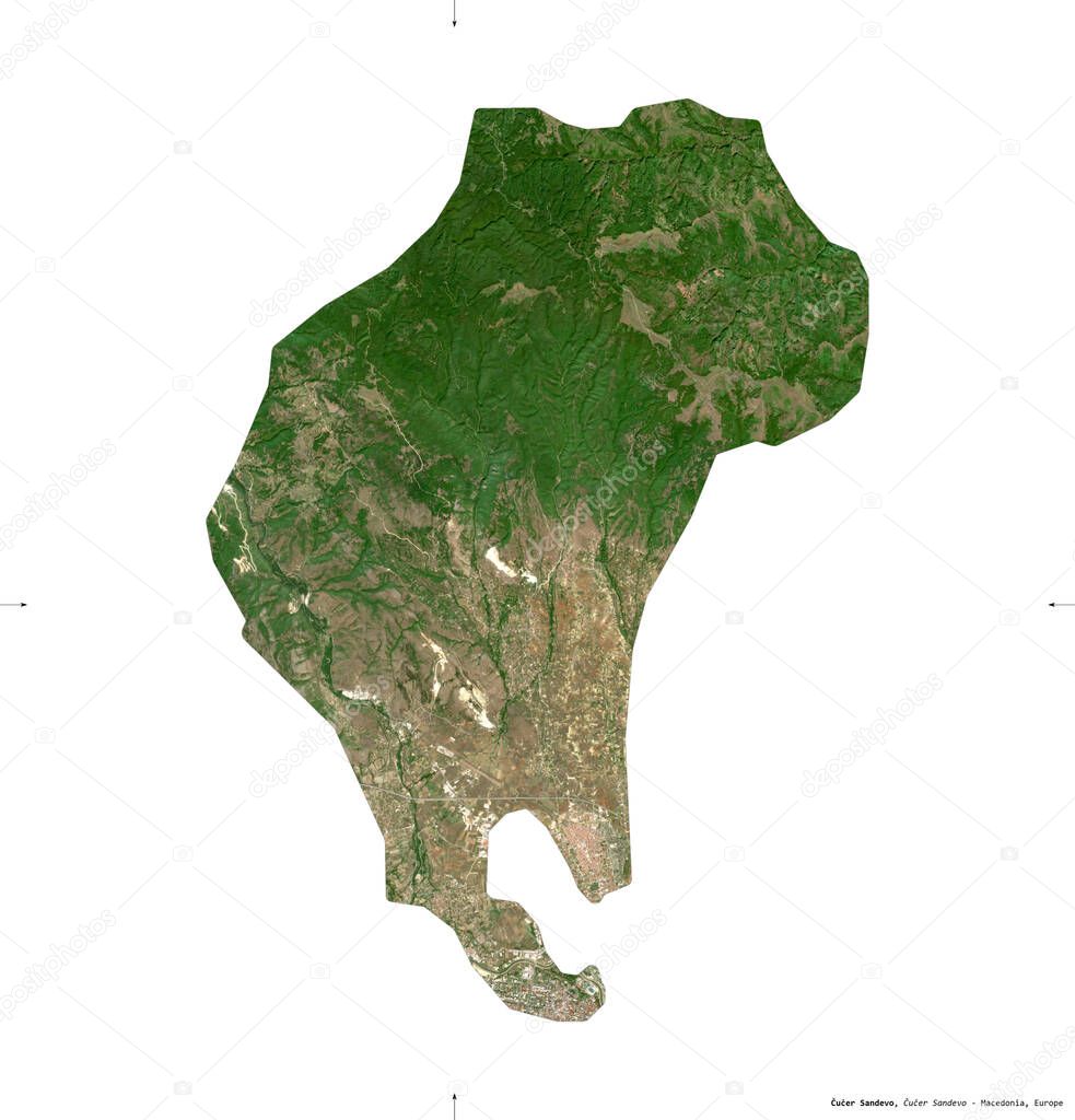 Cucer Sandevo, municipality of Macedonia. Sentinel-2 satellite imagery. Shape isolated on white. Description, location of the capital. Contains modified Copernicus Sentinel data