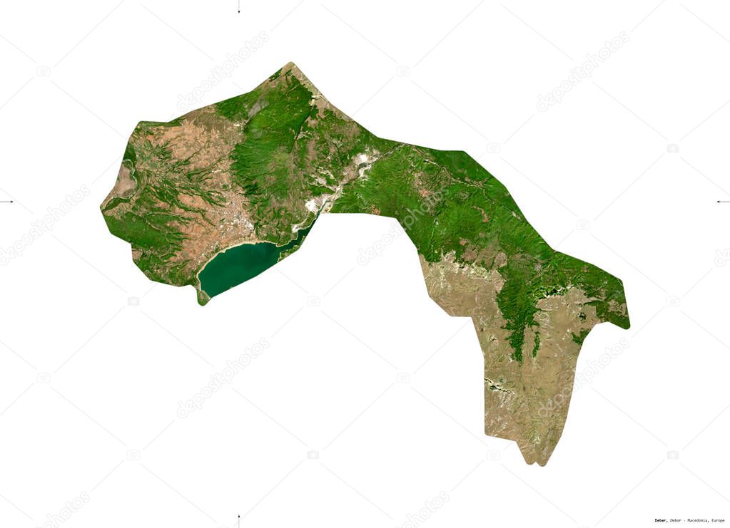 Debar, municipality of Macedonia. Sentinel-2 satellite imagery. Shape isolated on white. Description, location of the capital. Contains modified Copernicus Sentinel data
